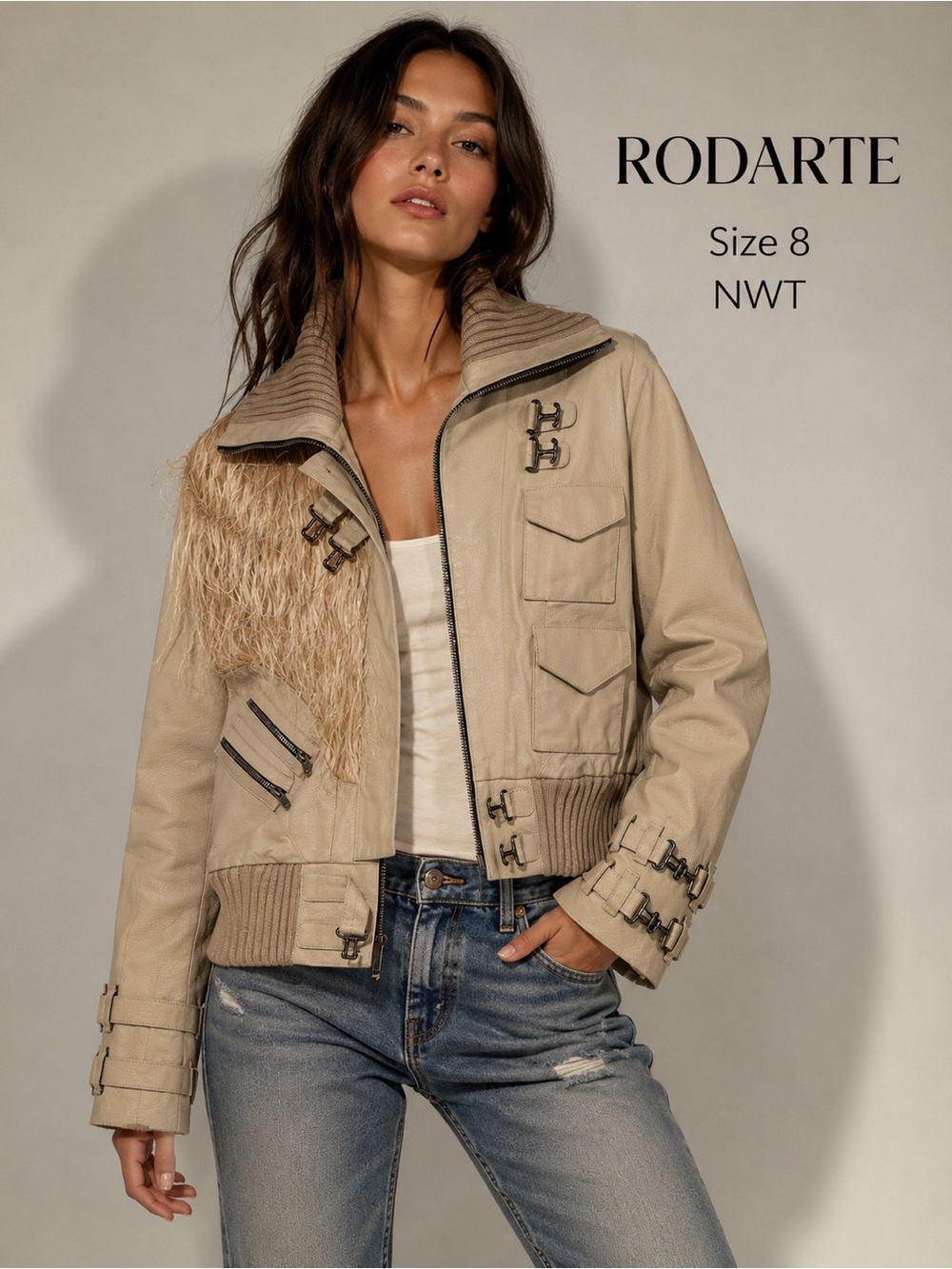 Rodarte Tan Feather-Trim Bomber Jacket